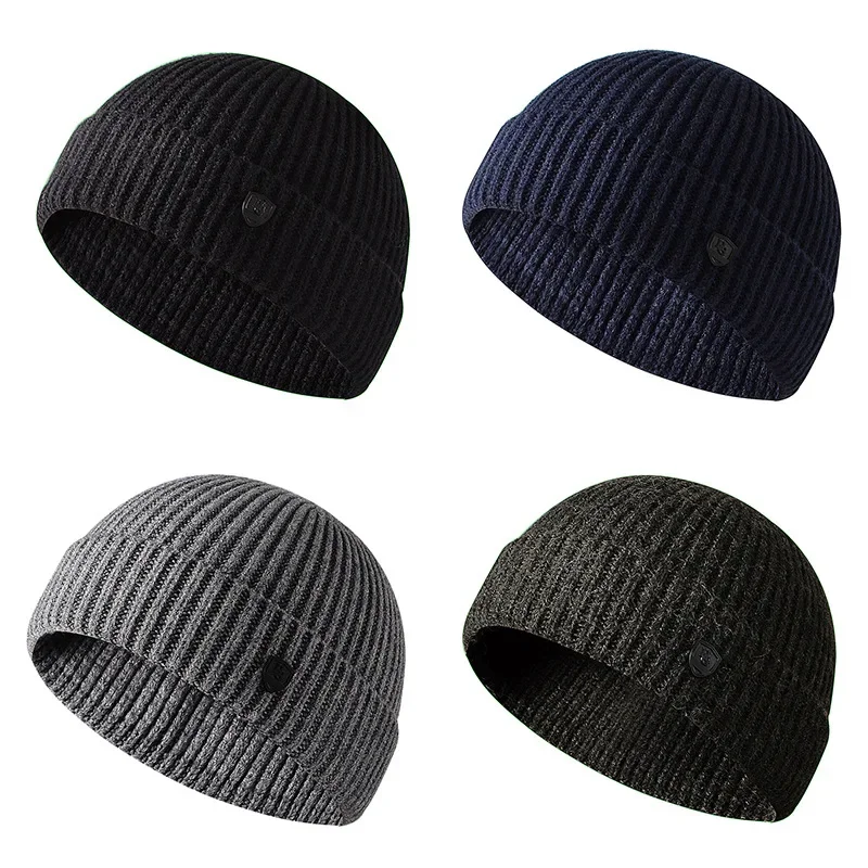 Gorro de invierno para hombre, gorros cortos de punto para hombre, gorro de invierno, gorro con puños cortos, Color sólido