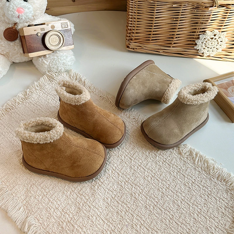 Toddler Girls Suede Leather Boots 2026 New Winter Fur Collar Warm-lined Ankle Boots Non-slip Simple Comfort School Snow Boots