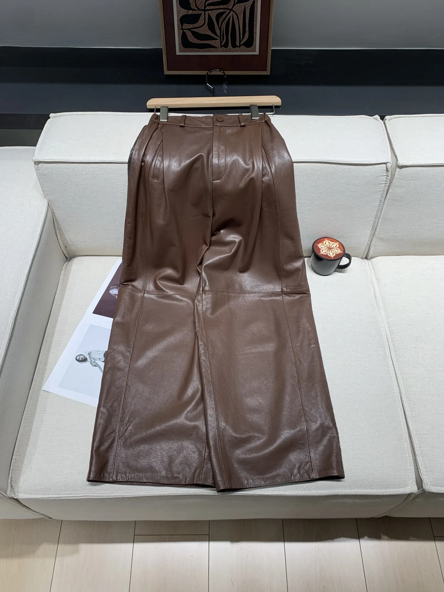 

Women's 100% Sheepskin Long Pants Beaded Chain High Waist Straight Fashion Trousers