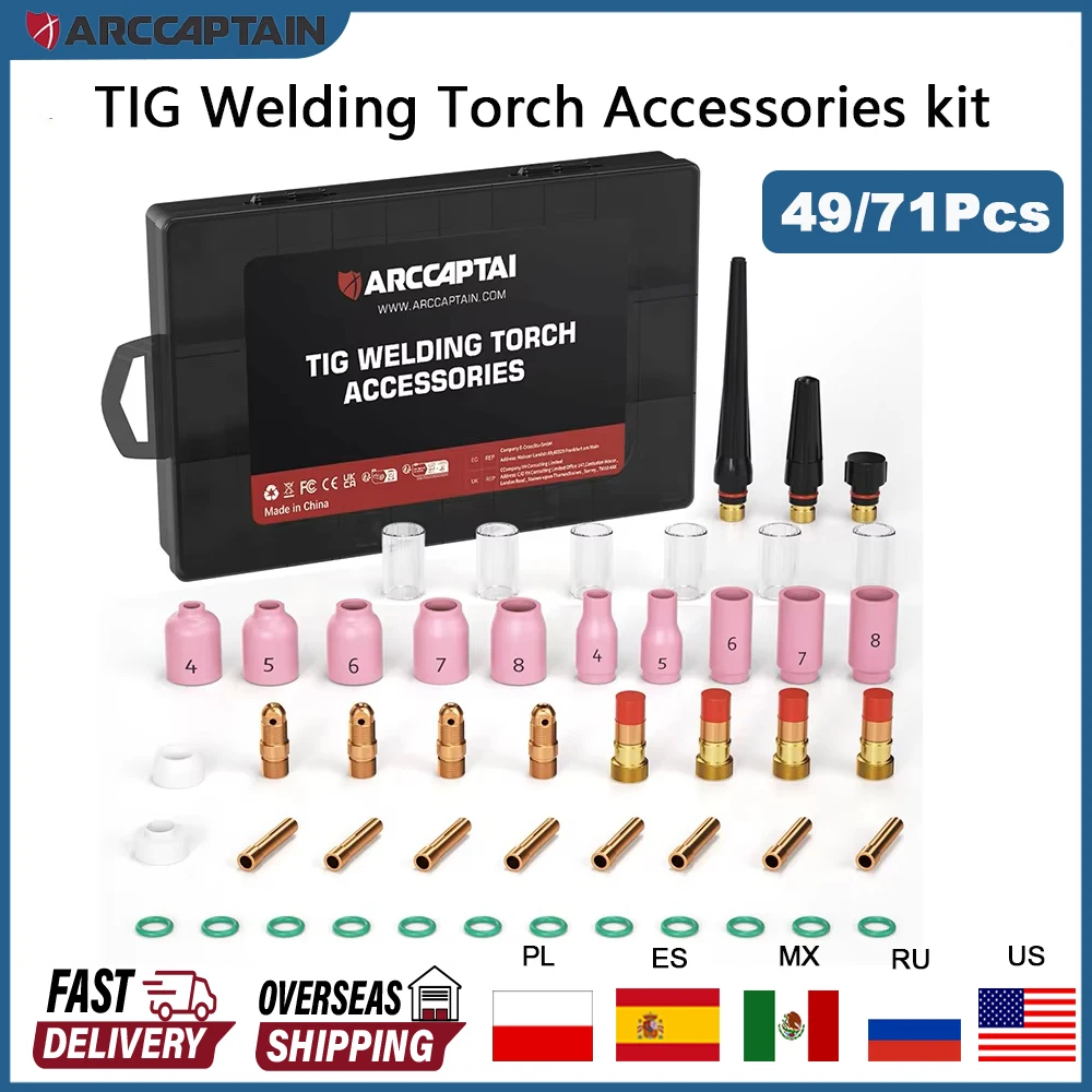 ARCCAPTAIN 49/71Pcs Welding Accessories Torch Stubby Gas Lens For TIG Welding torch WP-17/18/26 High Temperature Glass Cup Kit