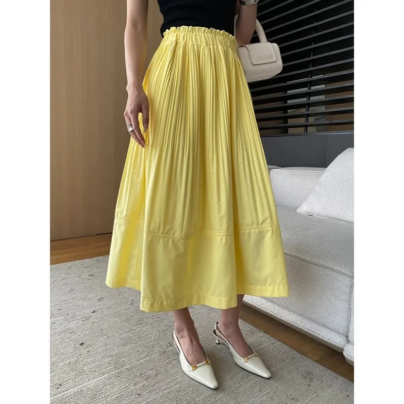 

Summer Pleated Women Bud Skirts High Waist Elegant A-line Solid Color Midi Skirt