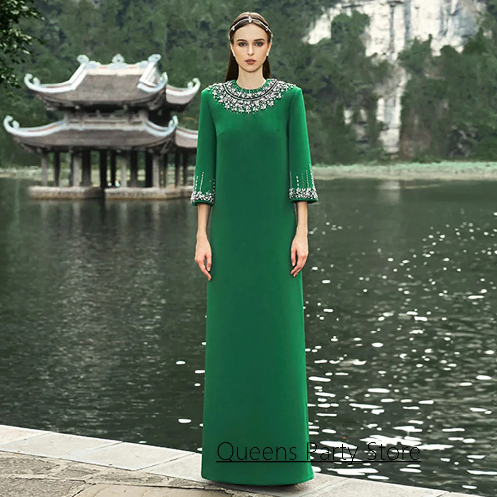 Dubai Emerald Green Evening Dress Customized Round Neck 3/4 Sleeves Beading Stones Straight Floor Length Sau Prom Gown for Party