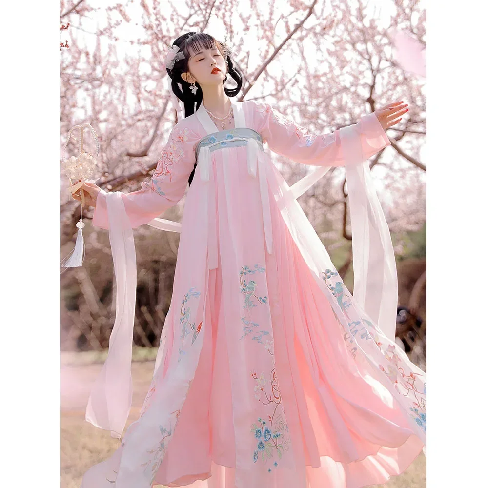 Young Girl Pink Hanfu Dresses Chinese Tang Dynasty Exquisite Embroidery Women's Clothing Orient Princess Cosplay Costume