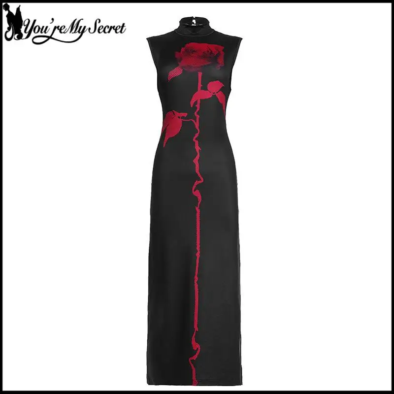 [You're My Secret] Gothic Black Rose Dress Women Subculture Half High Collar Sleeveless Dress Sexy Backless Floral Print Gown view 6