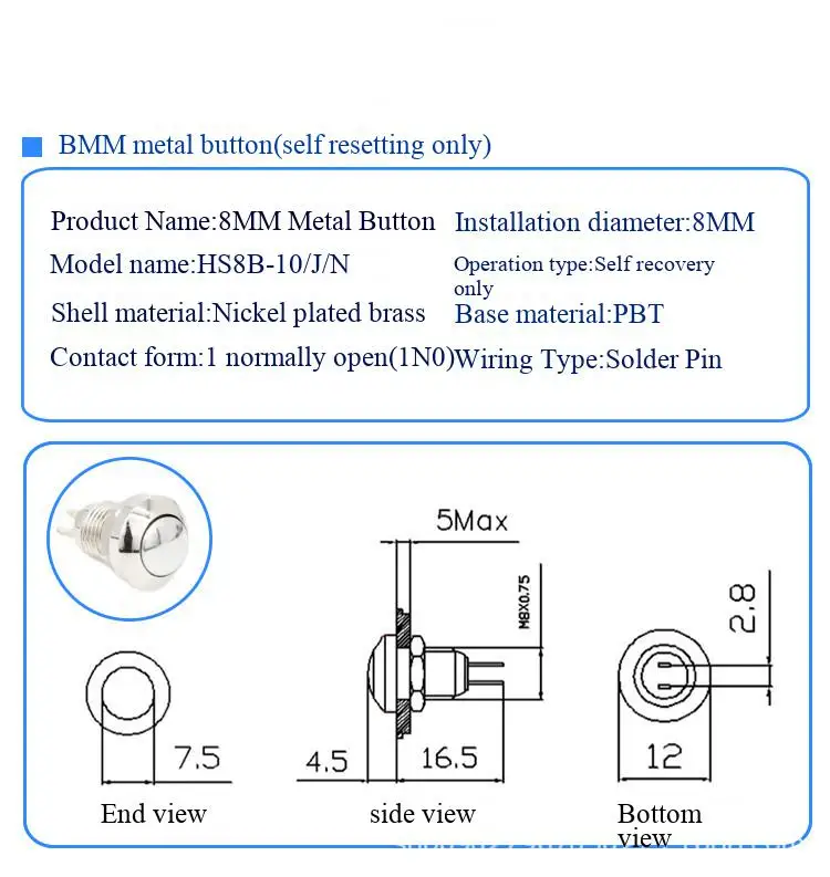 8/10-mm-Metallknopf-Miniatur-Schalter, staubdicht, mit Impulsfunktion, selbstrückstellend, selbstverriegelnd, rund, mikroformatig, mit Lötbeinen – Detail 4