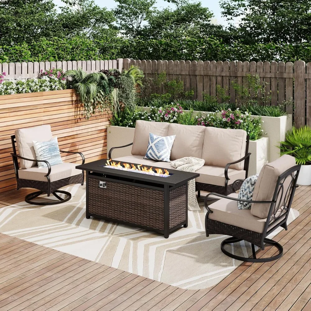 

Patio Furniture Set with 56" Fire Pit Table, Premium Outdoor Wicker Metal Frame Furniture w/ Upgraded Waterproof Thick Cushions