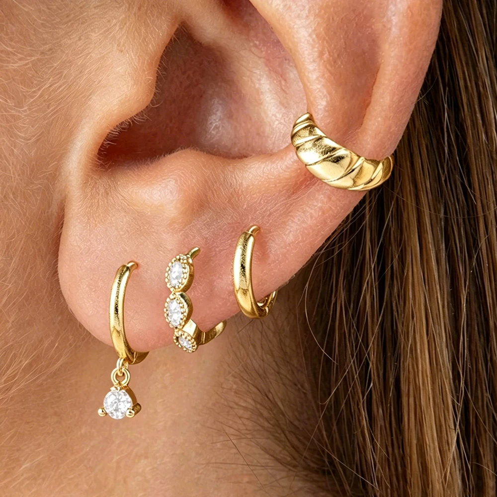 4-teiliges Edelstahl-Ohrring-Set mit kubischen Zirkonia-Steinen für Damen, geometrische Textur, baumelnde Ohrringe, Piercing-Schmuck, Geschenk
