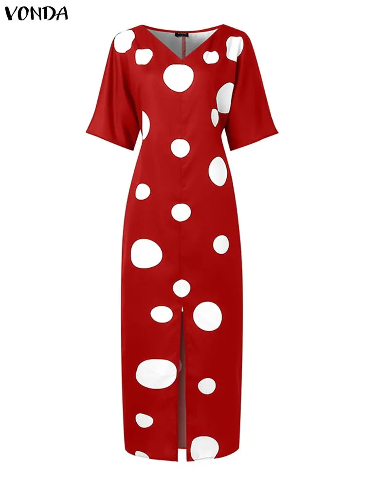 Vestido largo bohemio de talla grande 5XL para mujer, vestido veraniego con estampado de puntos, moda 2025 VONDA, bata de media manga, Vestidos de fiesta holgados informales