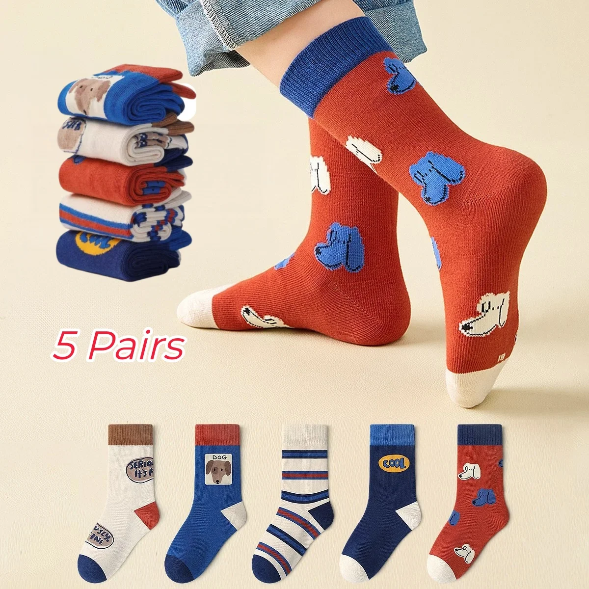 XJK Babysocken, Kindersocken für den Frühling, Jungensocken mit lustigem Welpenmuster, 5 Paar Baumwollsocken, Kindersocken