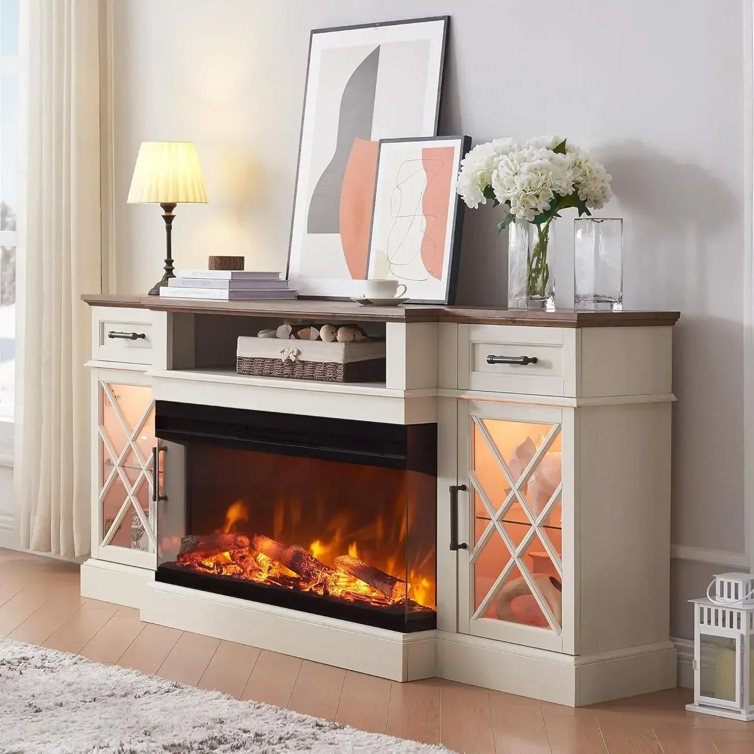 

3-Sided Farmhouse Electric Fireplace TV Stand, Highboy Entertainment Center with Glass Door Storage Cabinet,, Antique White
