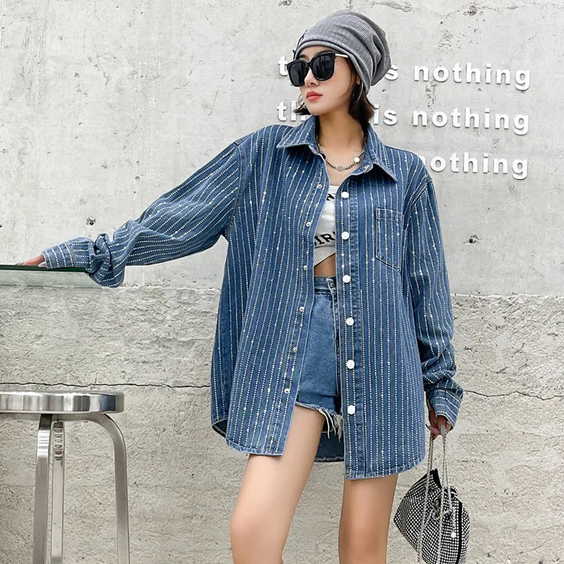 Women Blue Denim Rhinestones Big Size Blouse New Lapel Long Sleeve Loose Fit Shirt Fashion Tide Spring Autumn