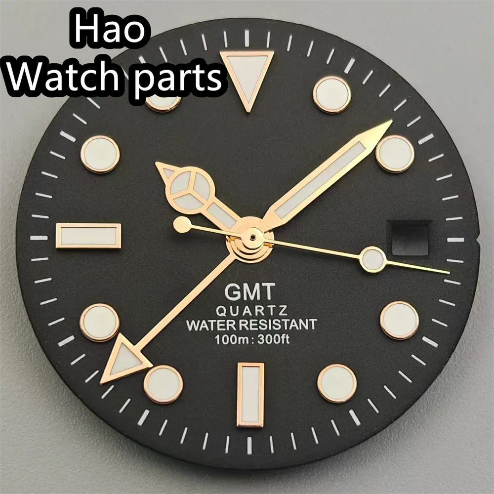 BLIGER 29mm GMT Quartz Watch Dial Black White Dial Green Luminous Fit RONDA 515/RONDA 515-24H Quartz Movement Watch Parts