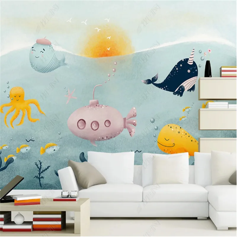 

Nordic Ocean Dolphin Wallpaper for Kid's Room Whale Submarine Undersea Children's Room Background Wall Papers Home Decor Mural