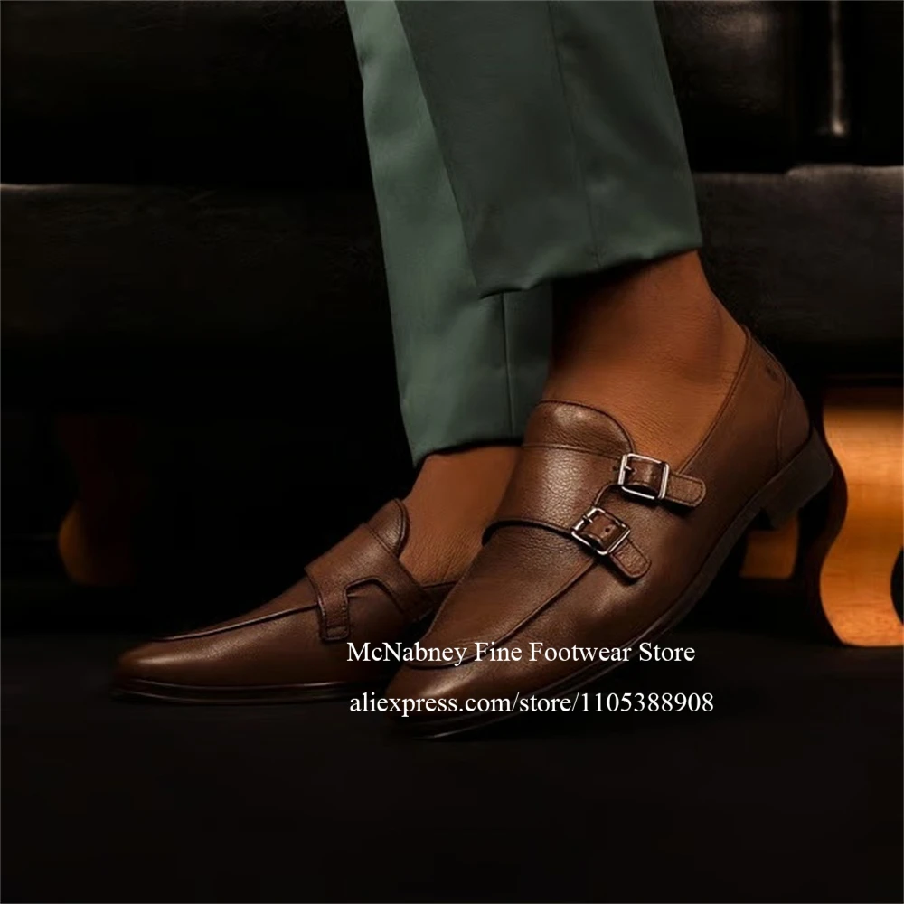 Leather Monkstrap Double Buckle Monk Loafers Slip on Casual Classic Gentleman Business Wedding Male Dress Shoes Spring Autumn