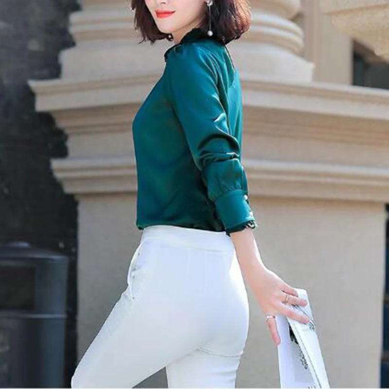 Spring Autumn Ruffles Stand Collar Satin Blouse Top Women Office Lady Elegant Beading Blusa Oversized Shirt All-match Pullovers