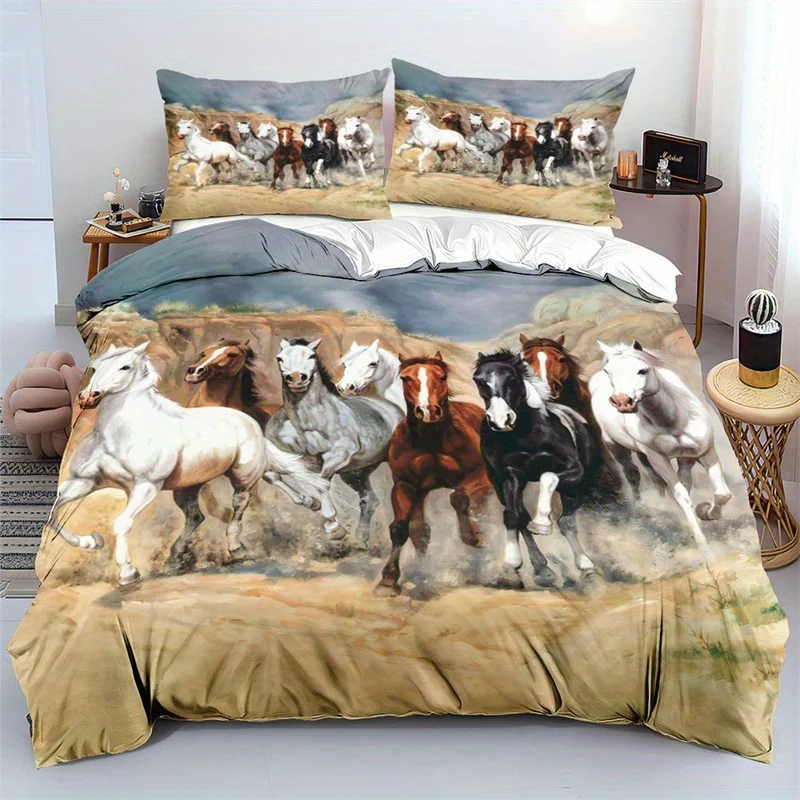 

Комплект из 3 предметов: пододеяльник с 3D-принтом лошадей, пододеяльник с изображением диких животных и лошадей, с наволочкой, мягкий, удобный и дышащий комплект постельного белья