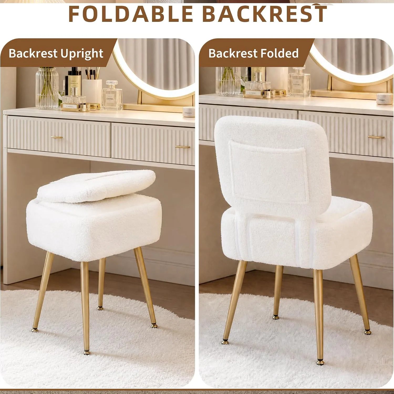 Small Vanity Stool Chair with Storage and Foldable Backrest | Hidden Storage Ottoman, Footrest Stool with Metal Legs, Soft Padded Seat Vanity Stool for Makeup, Bedroom, Living Room