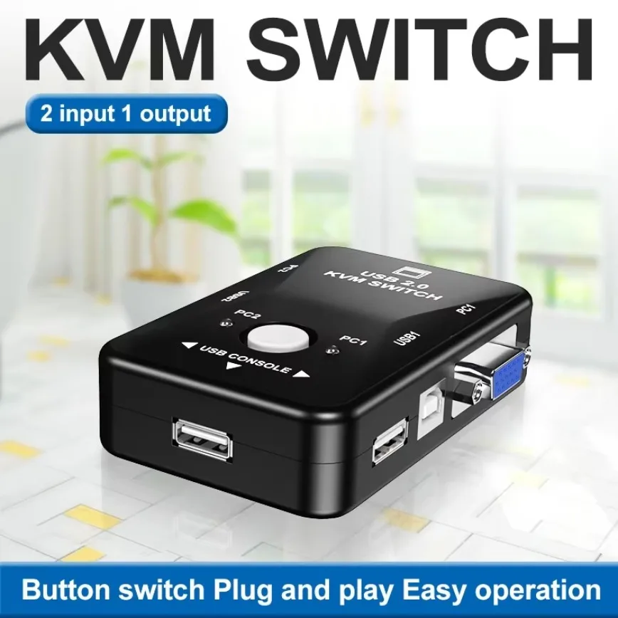2 Port VGA Switch USB 2.0 KVM Switch Box to Control up to 2 Computers USB Keyboard Mouse Sharing Device for Computer PC Laptop