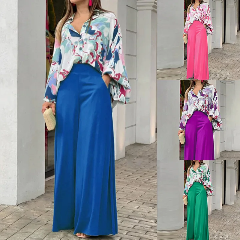 

2023 European and American Women's New Print Casual Suit Loose Large Polo Shirt High Waist Wide Leg Pants 2 Piece Set