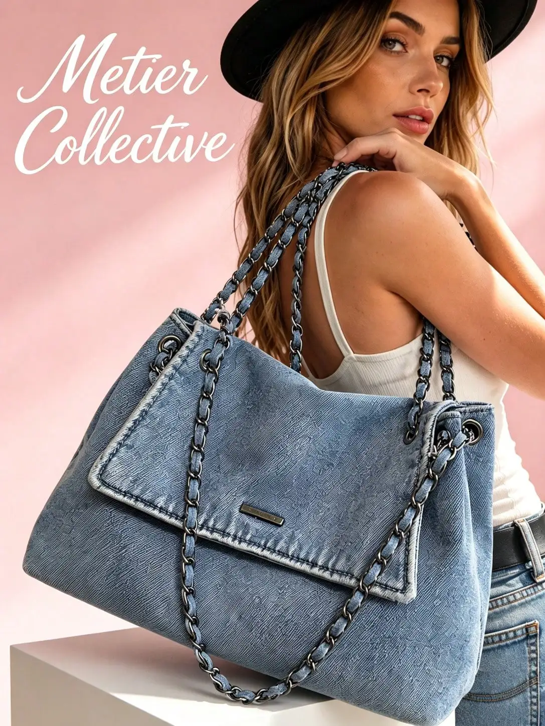 Y2K Washed Denim Shoulder Tote Bag, Large Casual Hobo Handbag With Double Chain Strap And Flap Closure For Shopping, Work, Travel And Women.Christmas