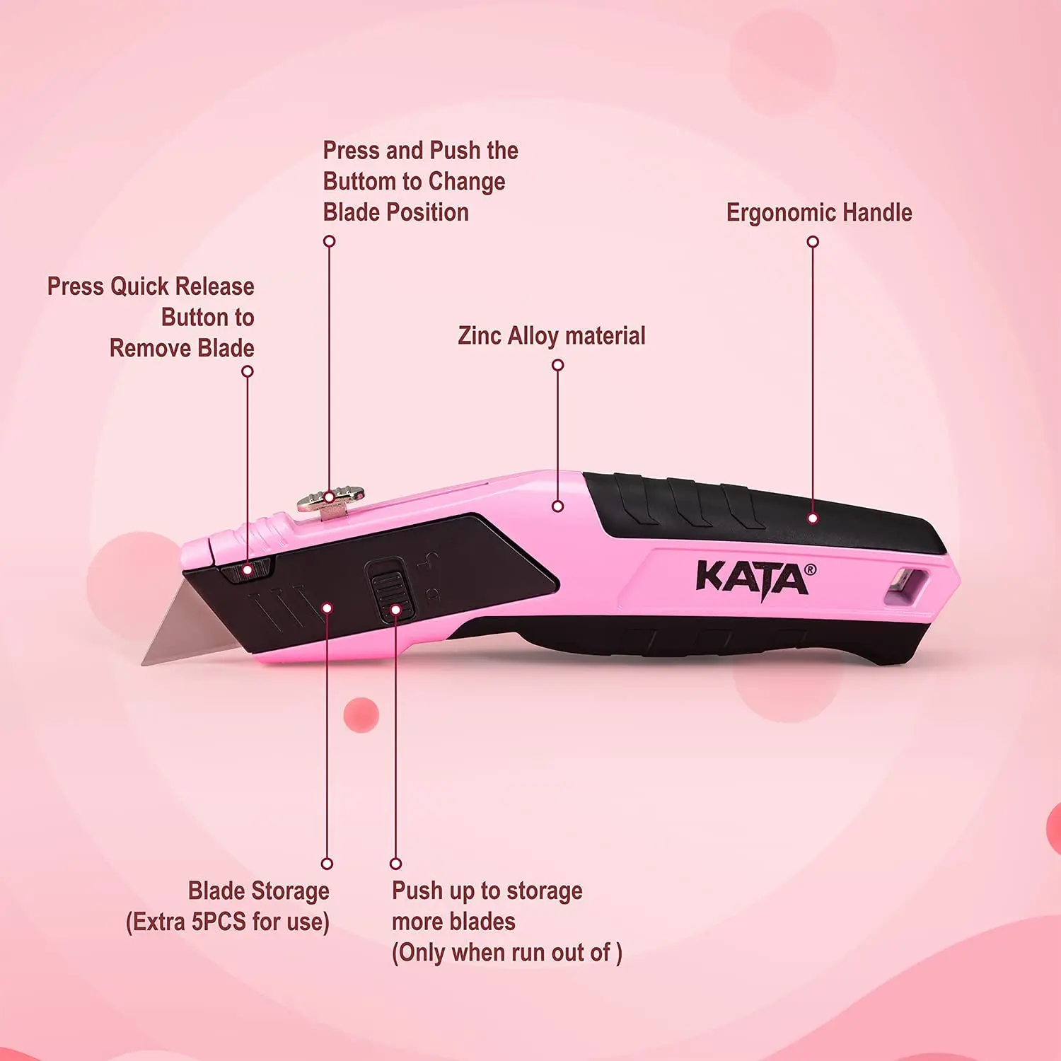 KATA Retractable Pink Utility Knife, Heavy Duty Box Knife for Cartons and Boxes Comes with 10 Extra Blades Exquisite Packaging