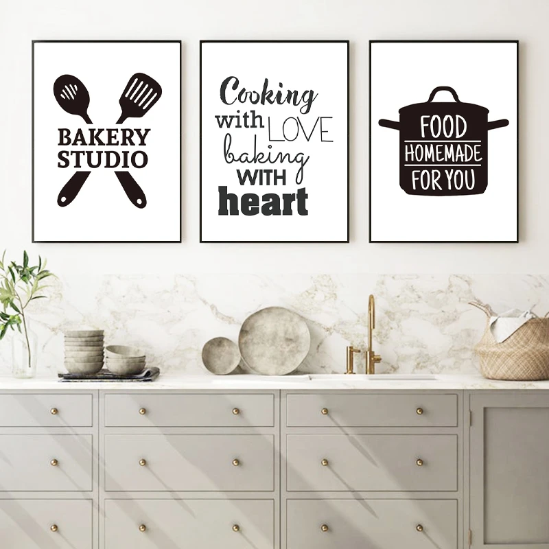 Cooking With Love Kitchen Quote Wall Art Prints And Poster  , Baking With Heart Canvas Painting Wall Pictures Home Kitchen Decor