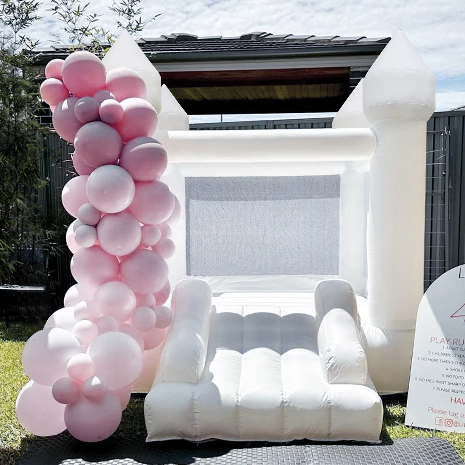 Muslimmini White Bounce House Oxford Bounce House con scivolo gonfiabile bianco casa gonfiabile, con ventilatore per la festa di compleanno