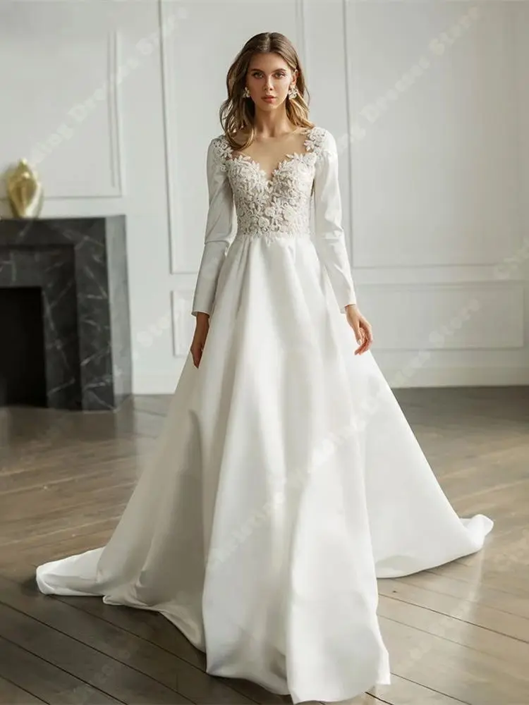 Elegant Long Sleeves Wedding Dresses Sweetheart Collar Mopping Length A-Line Bridal Gowns Newest Custom Made Vestidos De Noivas