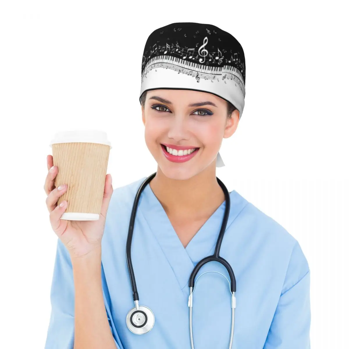 Abstract Piano Keys With Musical Notes Scrub Hat Doctor Working Surgical Cap Unisex Adjustable Nursing Caps for Dentist