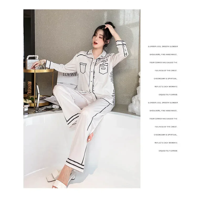 Ice Silk Long-sleeved New Pajamas Set for Women Sketch Black White Casual Sleepwear Autumn and Winter Homewear Service Suit