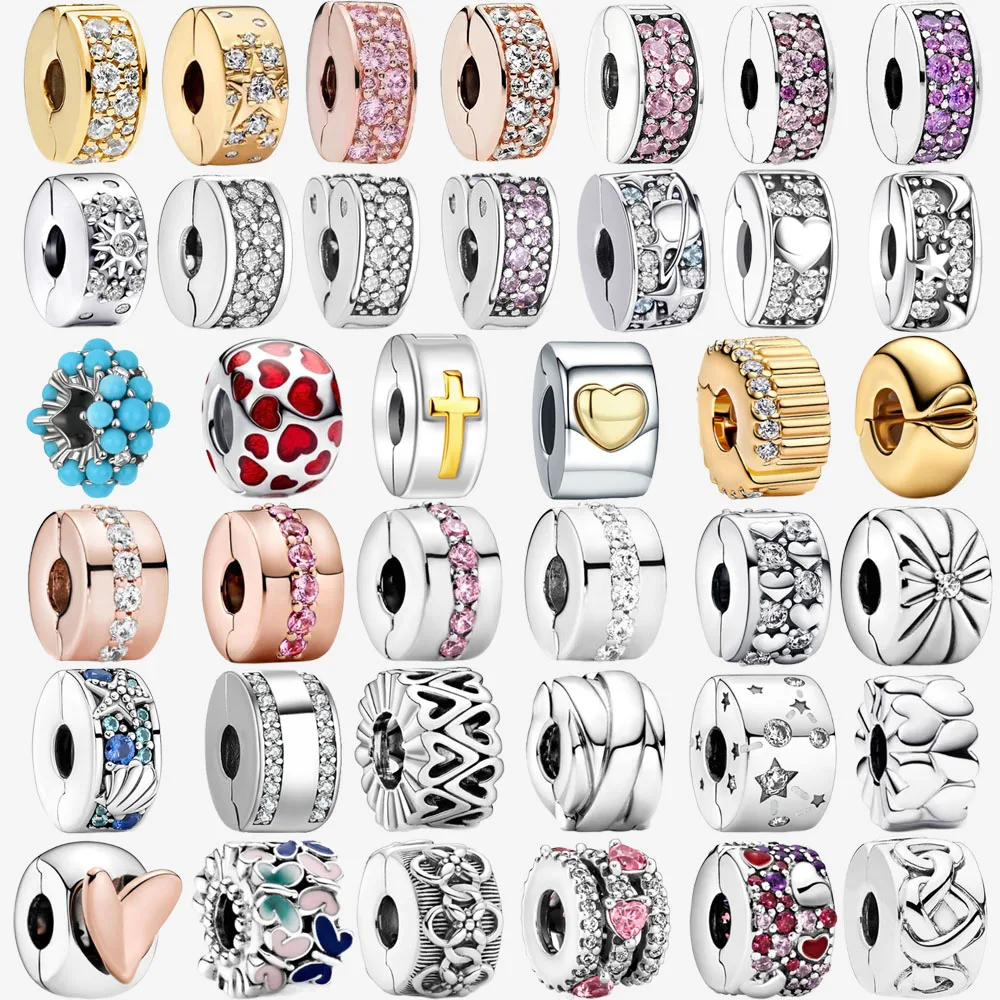 

Clear Sparkling Row Clip 925 Sterling Silver Round Pave Clip Charms Fit Original Bracelet Beads Jewelry DIY Gift plata de ley