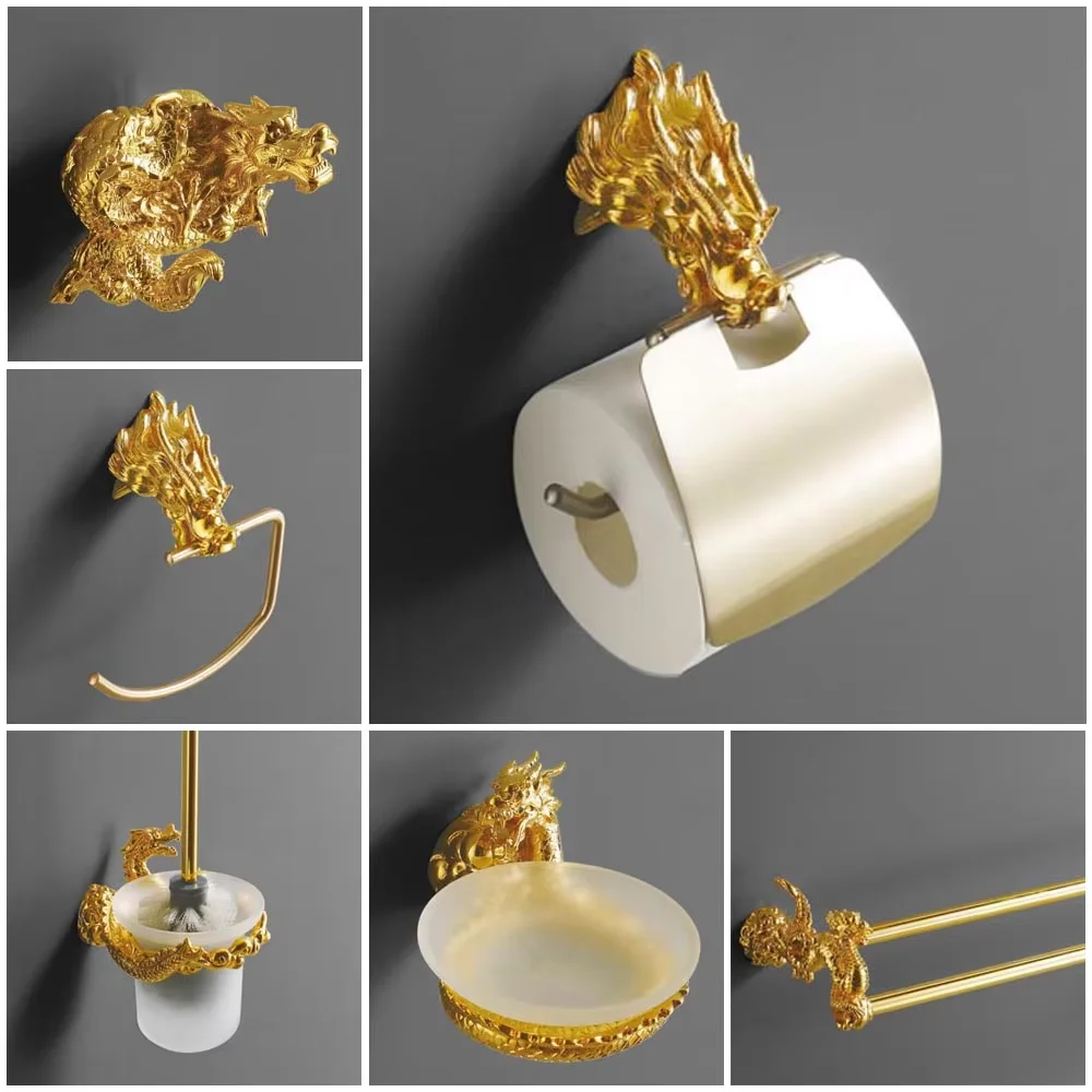 Luxury Gold Wall Mount Bathroom Hardware Set Dragon Paper Roll Holder Fashion Towel Rack Soap Dish Bathroom Fitting MB-0950A