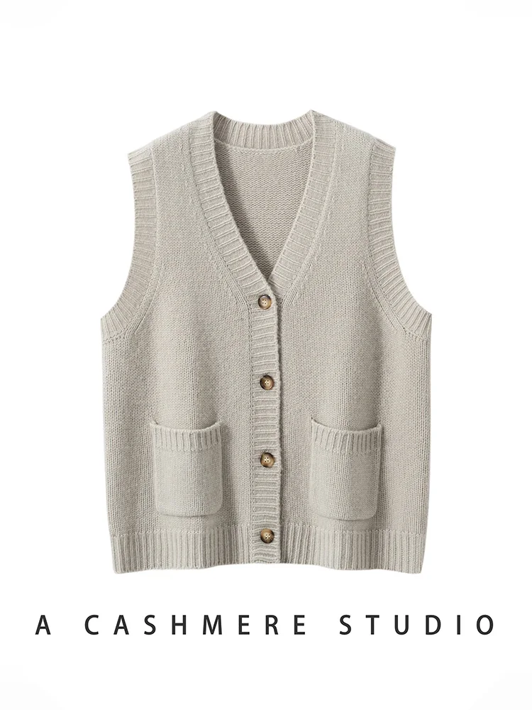 

MEETCC Women's 100% Cashmere Sweater Vest V Neck Buttoned Cardigan Autumn Winter Pockets Cozy Sleeveless Knitwear Quality Top