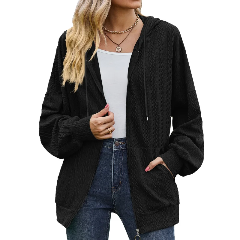 Women Autumn V-neck Zipper Solid Color Long Loose Hoodie Coat