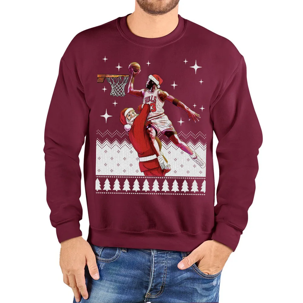 Dunking Santa Ugly Christmas Sweatshirt Funny Basketball Graphic Crew Neck Long Sleeve Pullover Unisex Xmas Party Gift