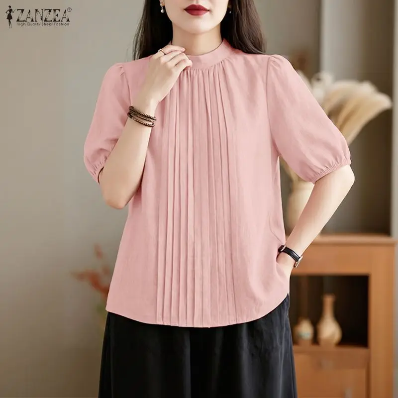 

ZANZEA Elegant Summer Stand Neck Half Sleeve Blouse Women Tops Stylish Solid Color Pleated Work Shirt Casual Loose Holiday Mujer