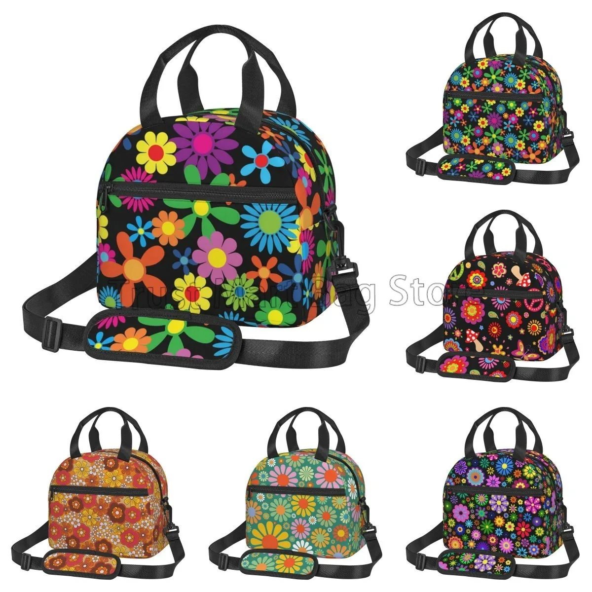 Hippie Flower Insulated Lunch Bag with Adjustable Shoulder Strap Resuable Cooler Thermal Lunch Tote Bag for Travel Work Picnic