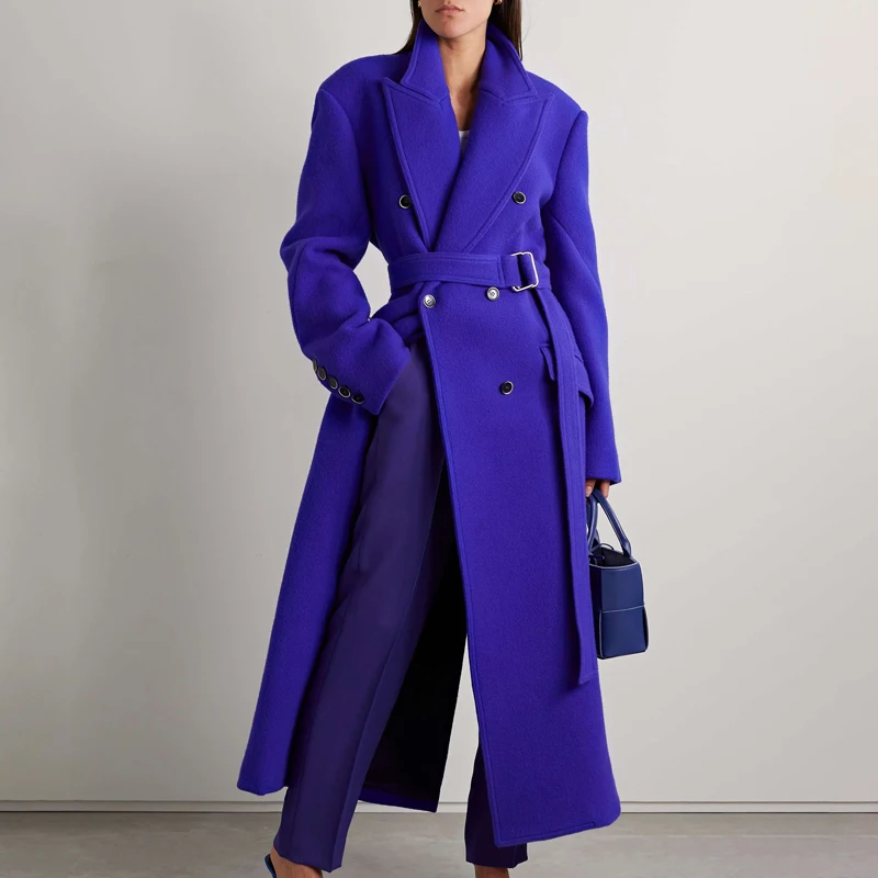 Women's Purple Wool Coat - Ankle Length Double Breasted Custom Wool Blend Waistband Winter Warm