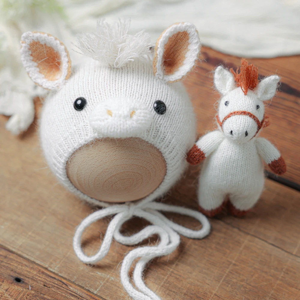 Knitted Horse Hat with Doll Newborn Photography Props Animal Baby Beanie Hat Cute Newborn Photo Bonnet Photoshoot Accessories - view 4