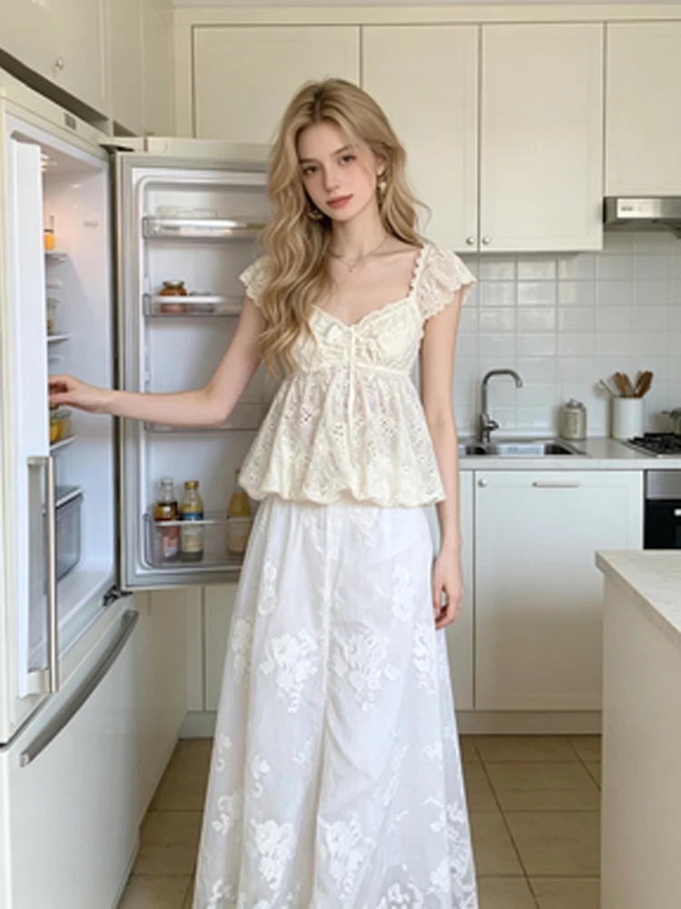 Lace Ruffled Short-sleeved Pant Set Women Fashion Embroidered Loose Blouse Hollow-out Wide-leg Trousers Elegant Daily Suit