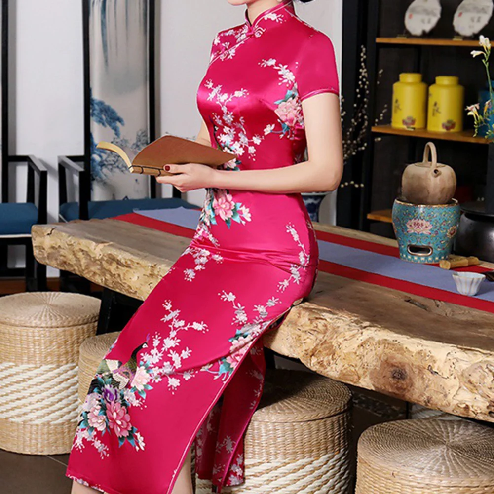 فستان تشيونغسام صيني تقليدي طويل للنساء مع شق في الحاشية وياقة عالية للمناسبات الأنيقة، متوفر بالمقاسات من S إلى XL