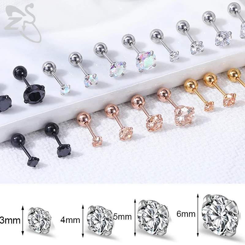 ZS 4-5pcs/lot 20G Surgical Steel Stud Earring for Women Crystal Screw Back Earrings Korean Ear Helix Conch Piercing 3/4/5/6mm