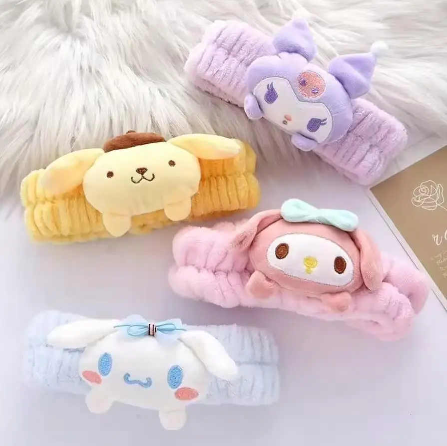 

1/4/10pc Cartoon Hello melody Kittyes Kuromi Cinnamoroll Pompom Purin Cute Spa Headband For Washing Face, Kawaii Plush Headband