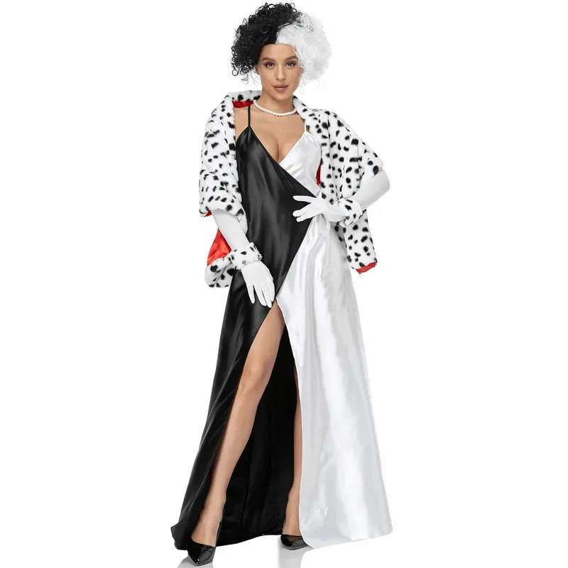 Disfraces De Cruella De Vil para mujer, vestido Sexy con tirantes en blanco y negro, traje con capa De felpa, disfraz De mascarada, ropa para Carnaval y Halloween