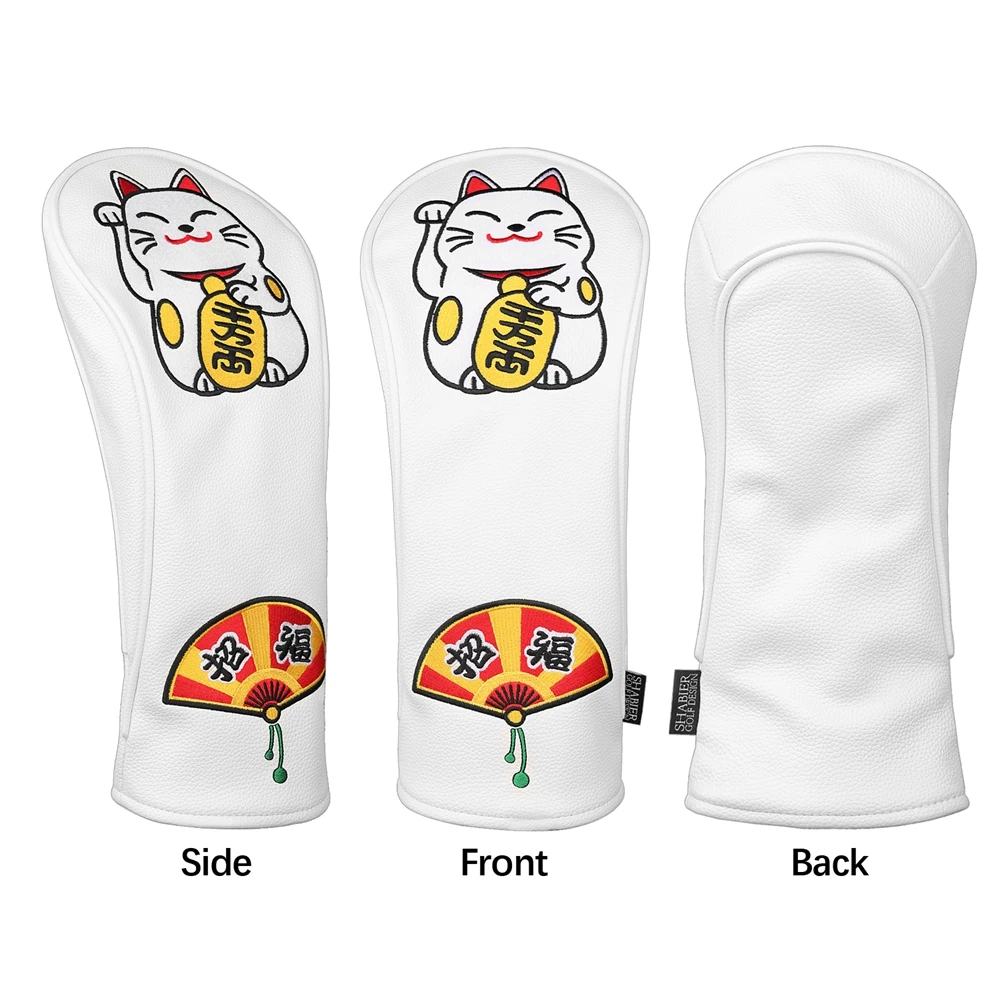 White PU Leather Happy Cat Mt.FUJI NIPPON DARUMA Embroidery Golf Headcover Driver Fairway Wood Hybrid Utility Covers