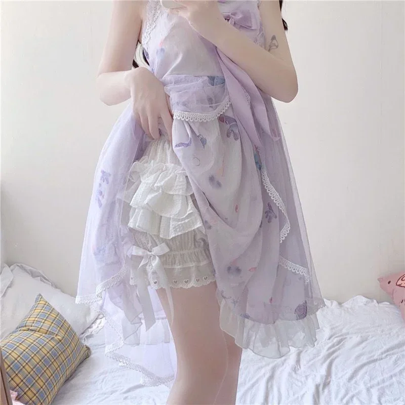 Été femmes Lolita Shorts mode volants blanc doux japonais bas Patchwork mignon arc dames Cortos nouveau