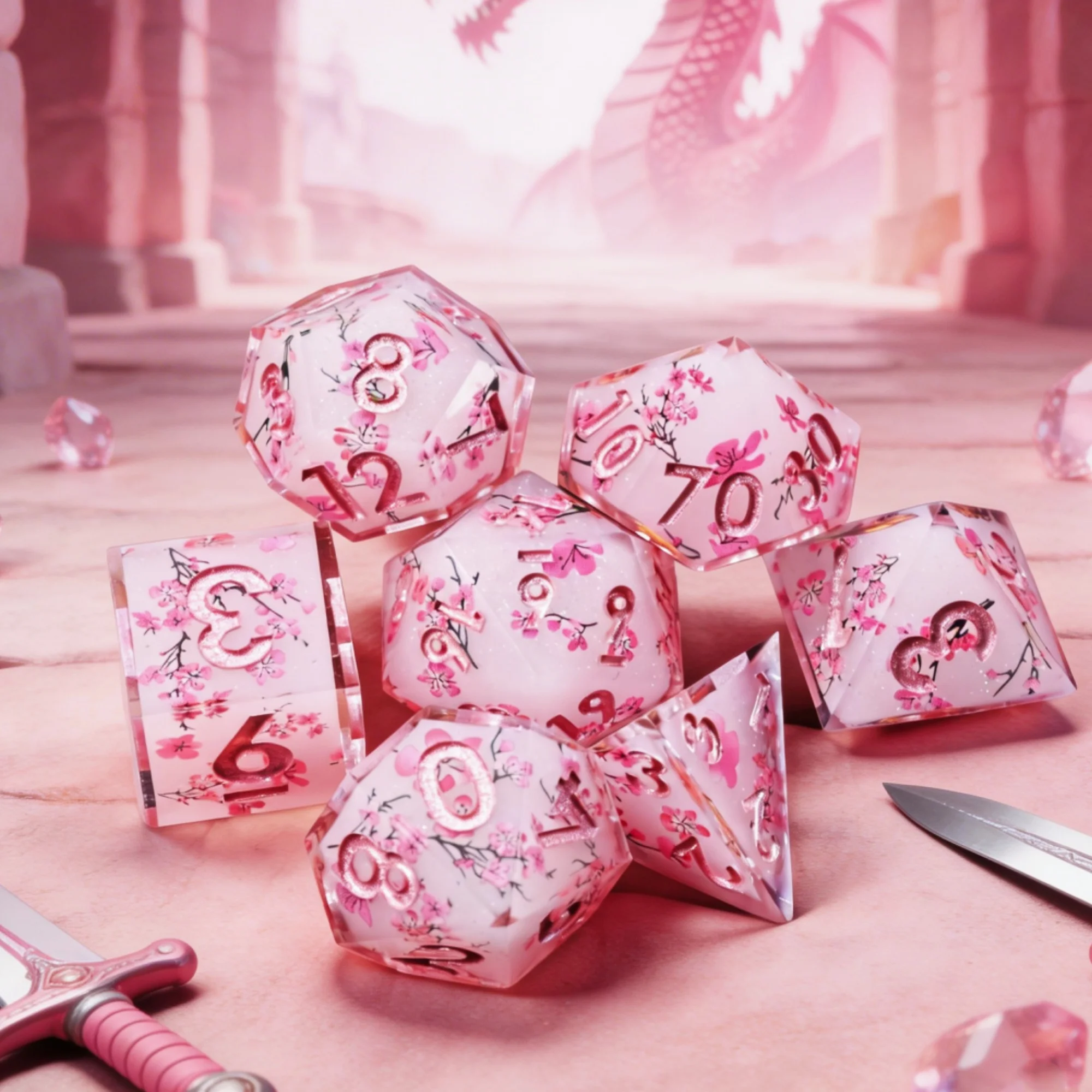 

Anime Sakura Pink DND Dice Set Handmade Resin Polyhedral Dice with Floral Design for Dungeons & Dragons RPG Table Games & Gift