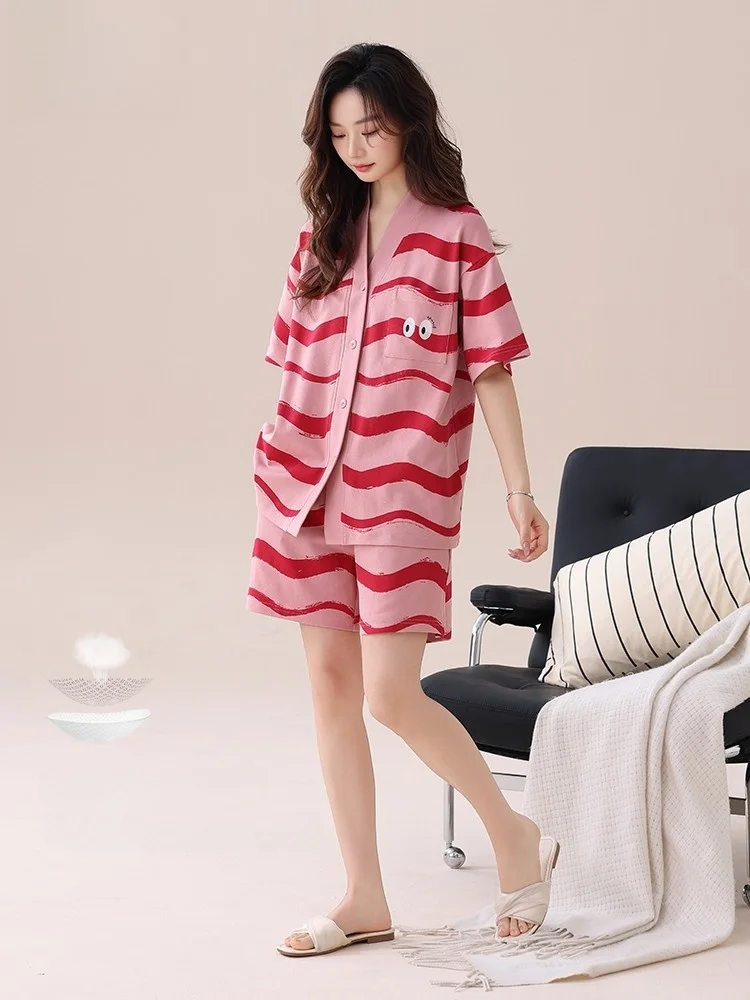 pigiama-estivo-in-cotone-da-donna-cardigan-a-maniche-corte-pantaloncini-scollo-a-v-abbigliamento-da-casa-traspirante-e-fresco-con-imbottitura-sul-petto