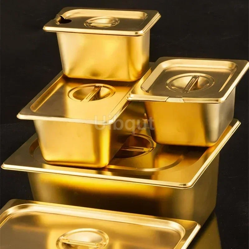 Edelstahl Golden Gold GN PAN Becken Gewürztablett Becken mit Abdeckung Essen Buffet Becken Teller Quadratische Töpfe Tablett Geschirr Teller
