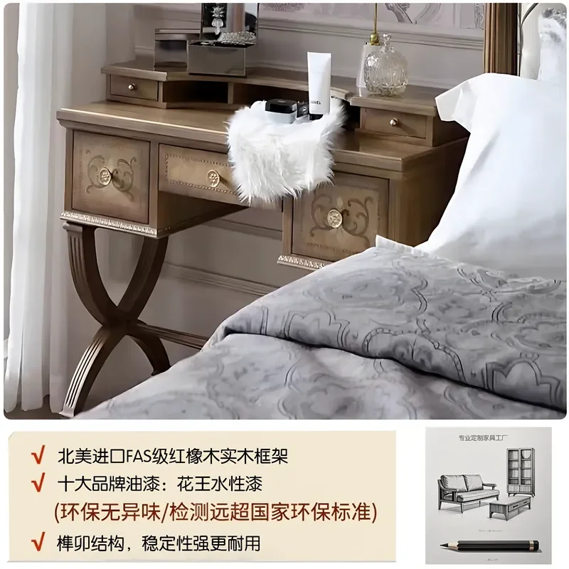 Retro Solid Wood Carved Flower Dresser Neoclassical Bedroom Makeup Table with Storage Cabinet American Light Luxury Style
